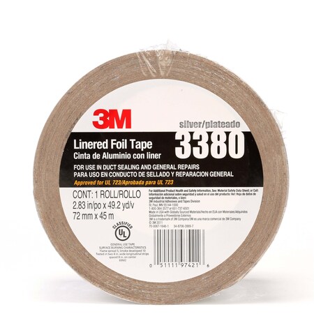 3M Aluminum Foil Tape 3380, Silver, 72 Mm X 45 M, 3.25 Mil 7010375681